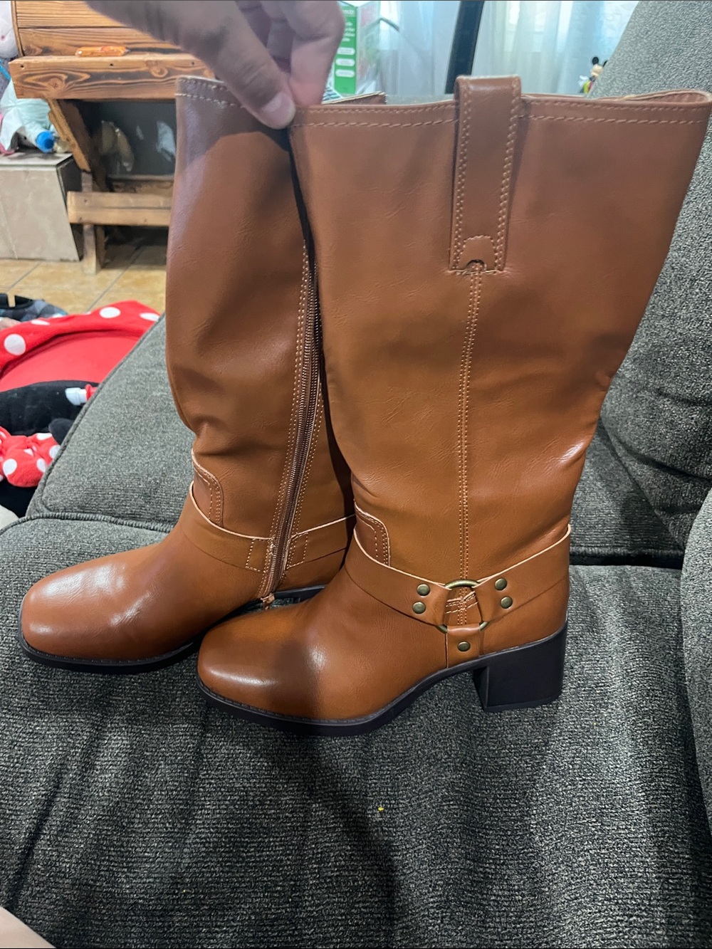 FRYE AND CO. Tan Leather Mid-Calf Harness Boots
